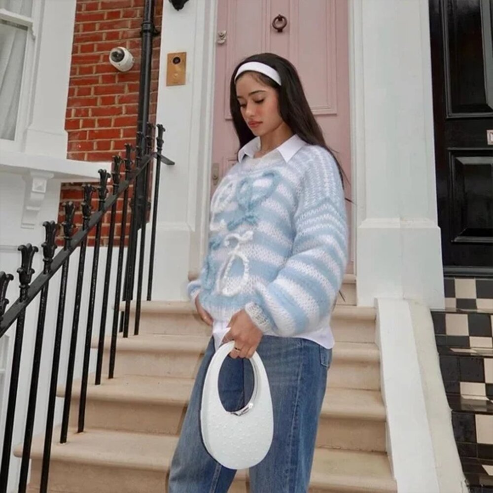 Loewe blue white striped anagram sweater